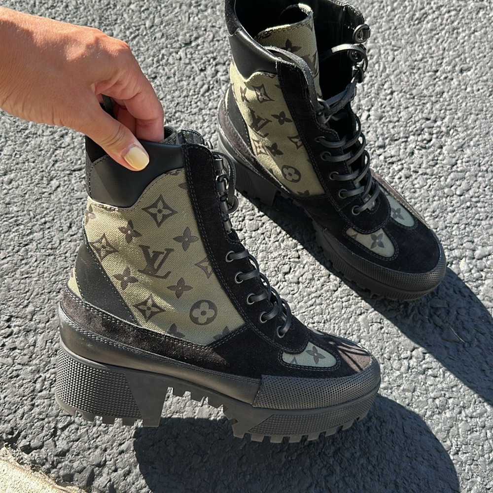Authentic Louis Vuitton Black and Olive Combat Boots